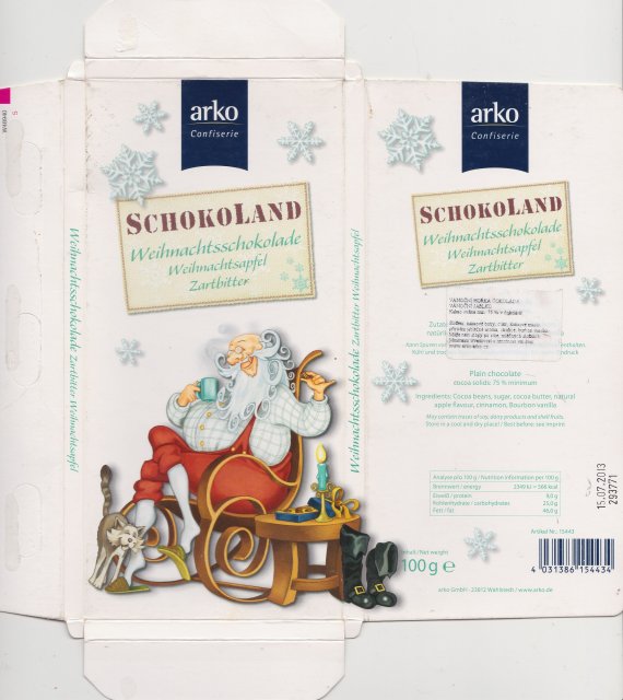 Arko Schokoland Weihnachtsschokolade Weihnachtsapfel Zartbitter
