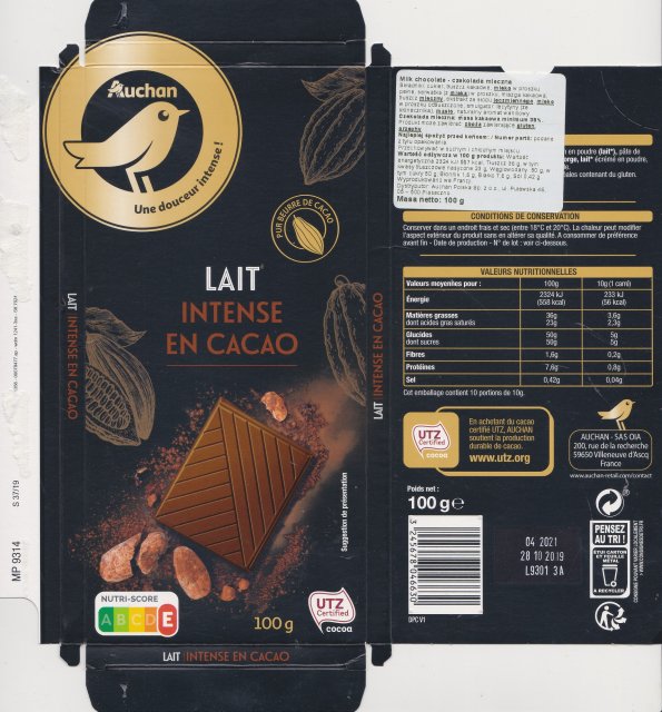 Auchan 7 lait intense en cacao UTZ