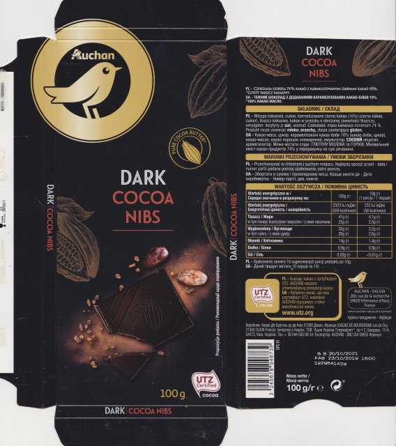 Auchan pure cocoa butter dark cocoa nibs UTZ