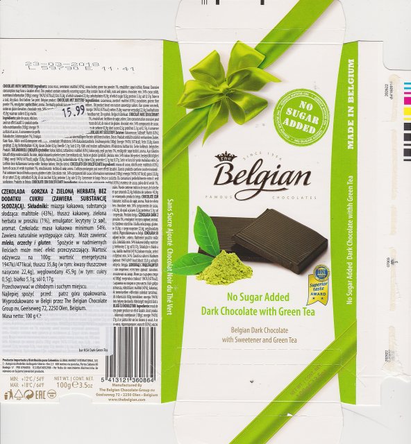 Belgian 3 no sugar added dark chocolate with green tea