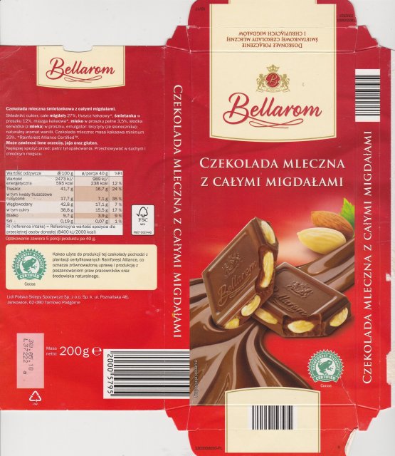 Bellarom srednie UTZ czekolada mleczna z calymi migdalami
