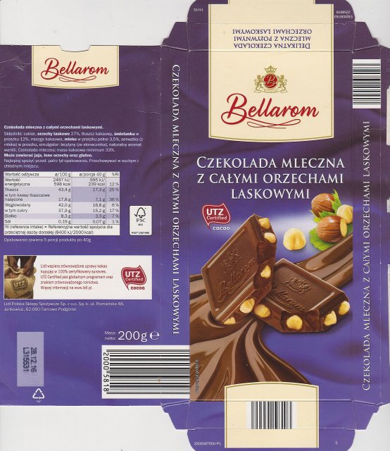 Bellarom srednie UTZ czekolada mleczna z calymi orzechami laskowymi