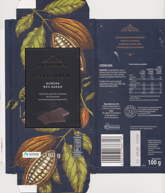 Biedronka czekolada gorzka 95 kakao fairtrade 116kcal