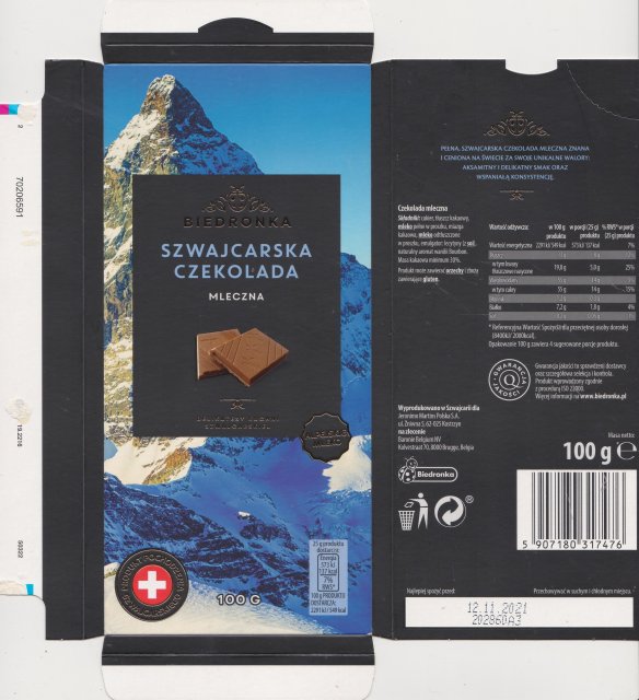 Biedronka szwajcarska czekolada mleczna 137kcal