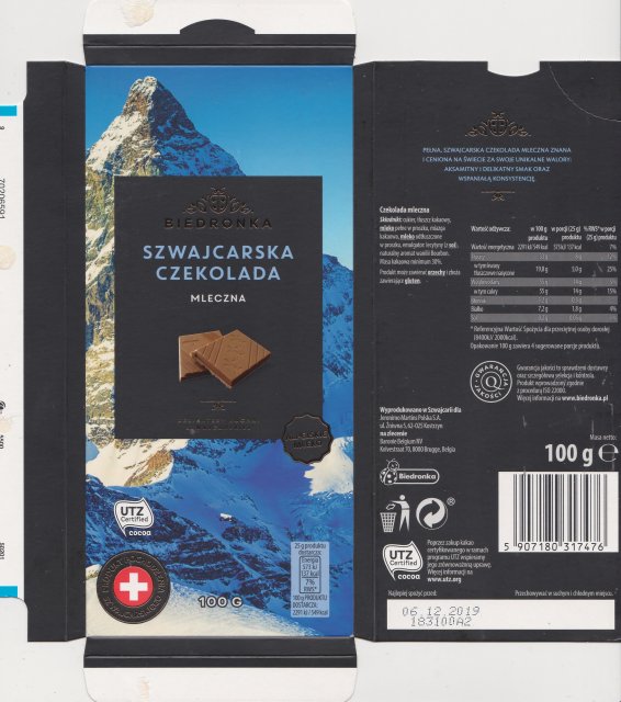 Biedronka szwajcarska czekolada mleczna UTZ 137kcal