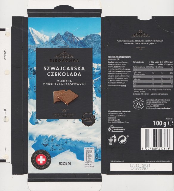Biedronka szwajcarska czekolada mleczna z chrupkami zbozowymi 135kcal