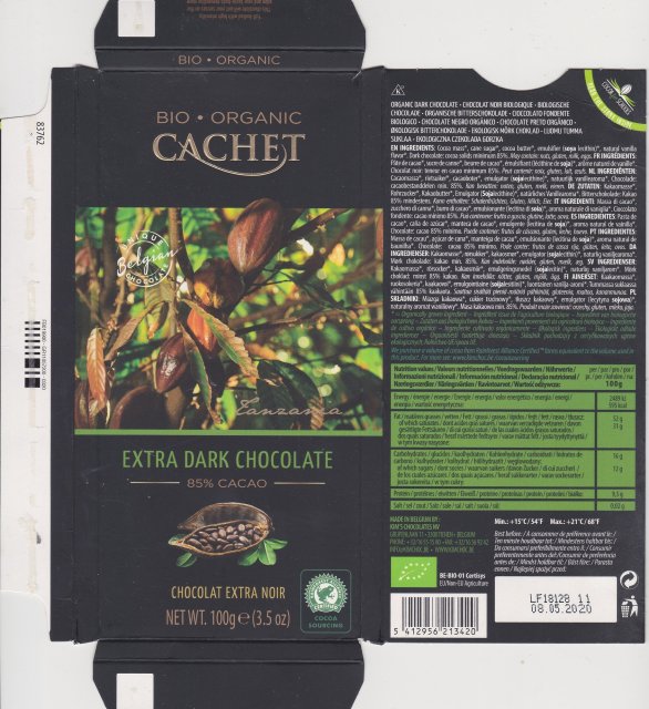 Cachet 3 Bio organic extra dark chocolate 85 cacao Tanzania