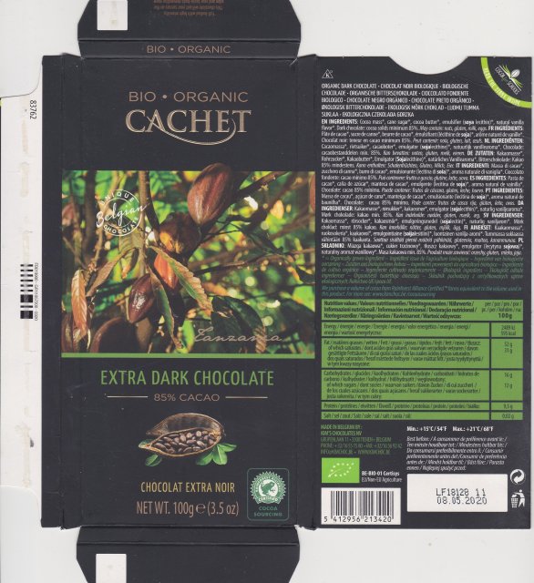 Cachet Bio organic extra dark chocolate 85 cacao Tanzania