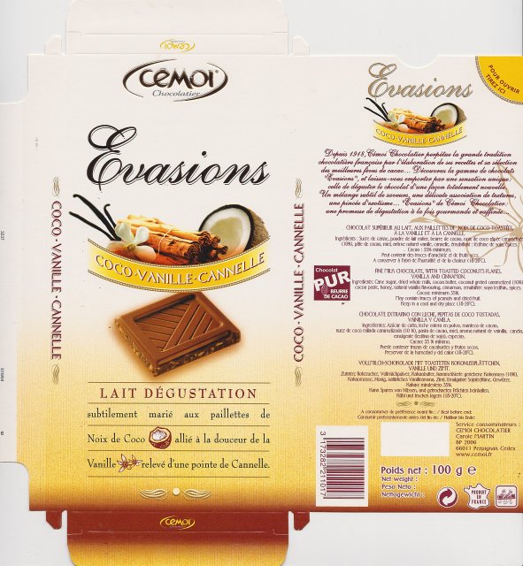 Cemoi Evasions lait degustation coco vanille cannelle