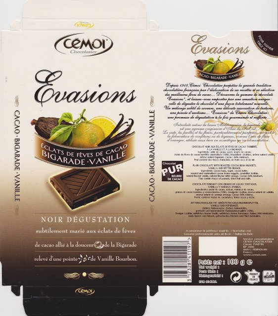 Cemoi Evasions noir degustation cacao bigarade vanille