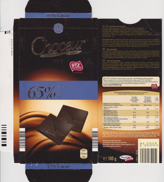 Choceur srednie pion 5 noir 65 cacao 118 kcal UTZ