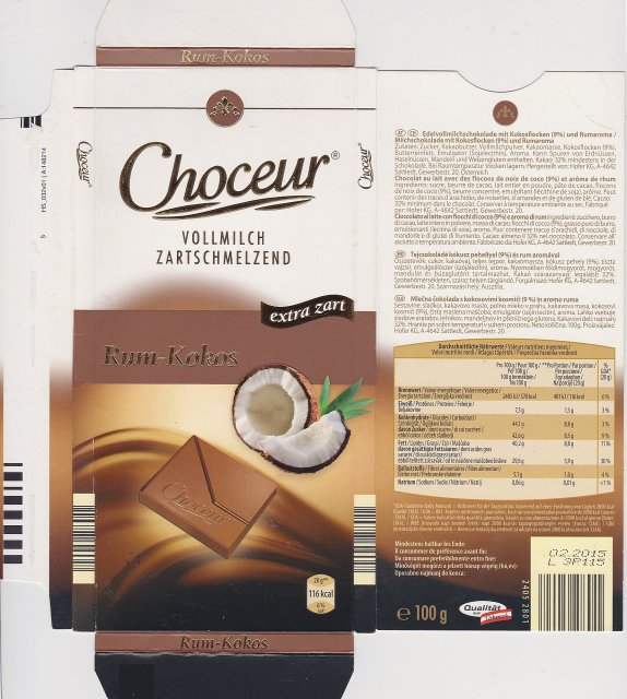 Choceur srednie pion 6 vollmilch zartschmelzend rum kokos extra zart 116 kcal