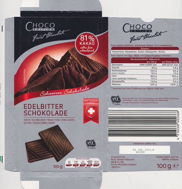 Choco Edition male pion 81 Schweizer Schokolade Edelbitter 121kcal UTZ