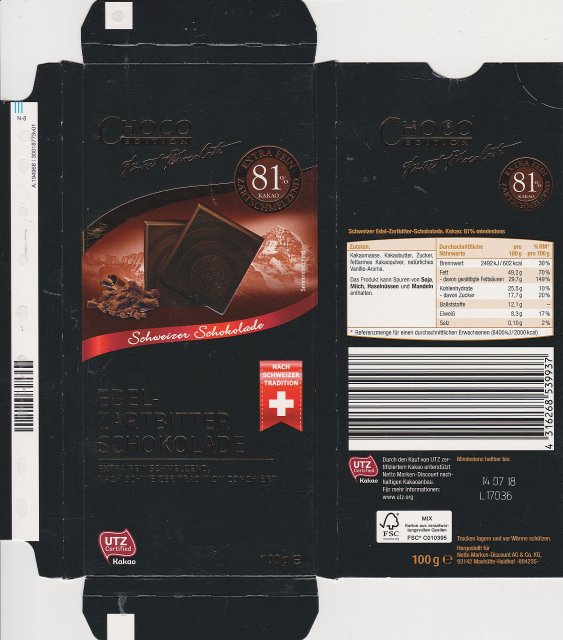 Choco Edition male pion 81 edelzartbitter schokolade Schweizer Schokolade utz