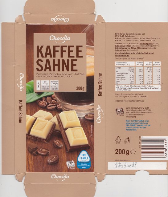 Chocola srednie Kaffee Sahne UTZ pro planet 138kcal