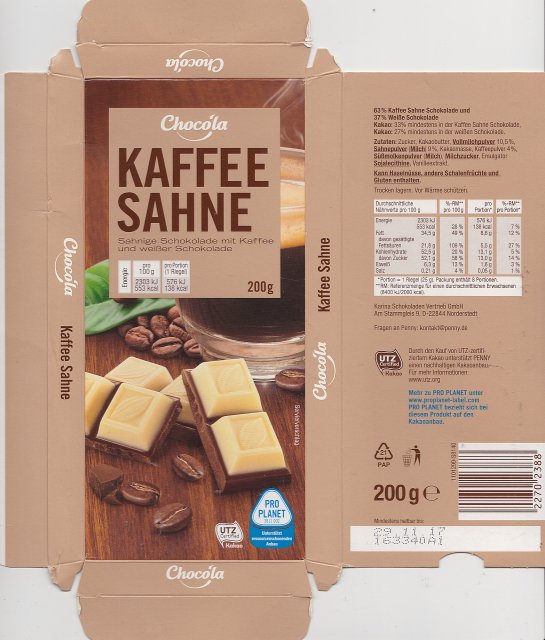 Chocola srednie pion 2 Kaffee Sahne UTZ pro planet 138kcal