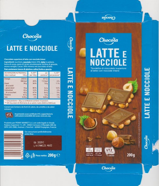 Chocola srednie pion 2 latte e nocciole utz 113kcal
