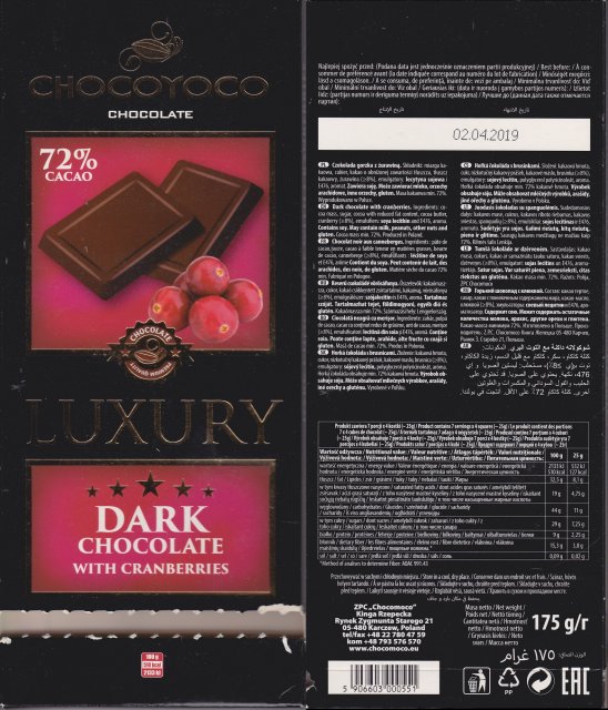 Chocomoco chocoyoco luxury dark chocolate with cranberries