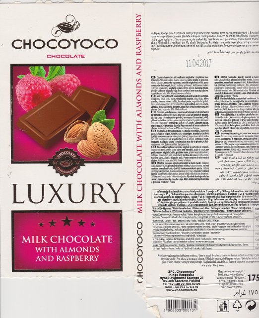 Chocomoco chocoyoco luxury milk chocolate with almonds and raspberry