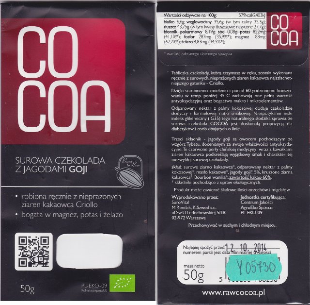 Cocoa 1 surowa czekolada z jagodami goji