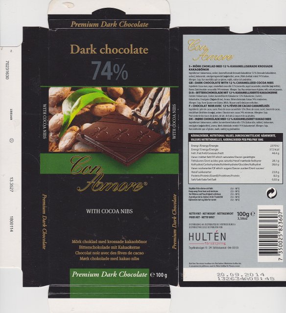 Con Amore dark 74% with cocoa nibs