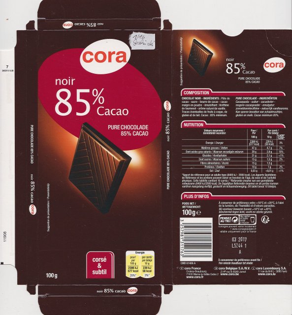 Cora noir 85% cacao 58kcal corse & subtil