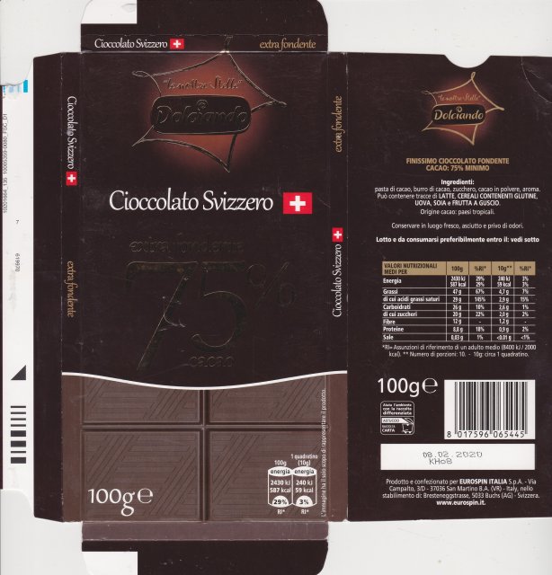 Dolciando cioccolato Svizzero extra foundente 75 cacao 59kcal