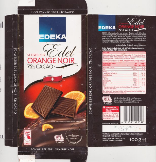 Edeka Schweizer Edel Orange Noir 72 cacao 571kcal UTZ