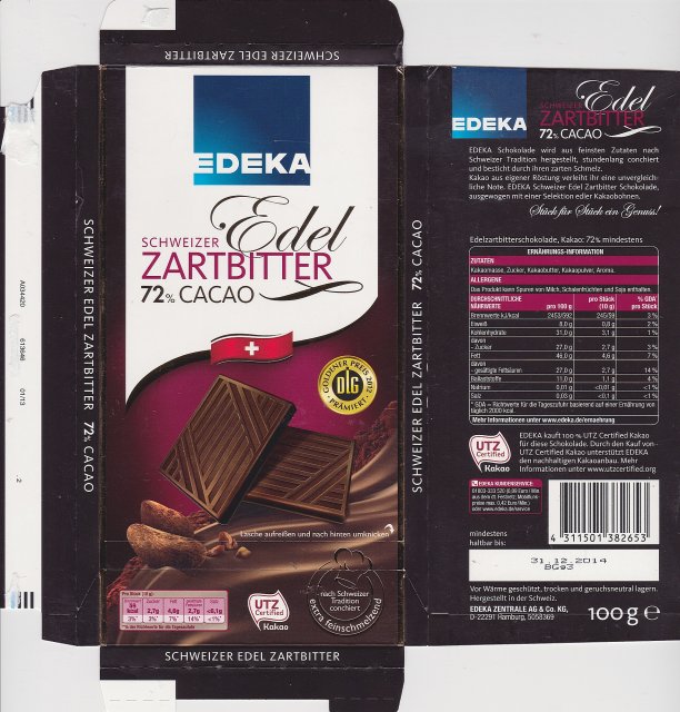 Edeka Schweizer Edel Zartbitter 72 cacao 59kcal UTZ