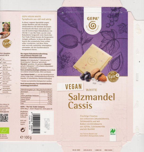 Gepa 1a vegan white salzmandel cassis fair