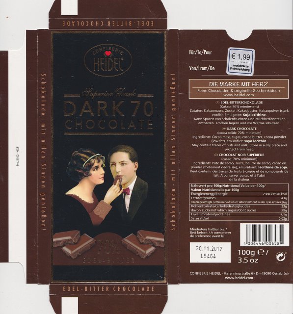 Heidel Superior Dark 70 Chocolate edel bitter