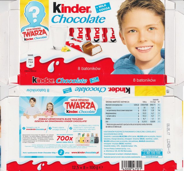 Kinder Chocolate prostokat niebieska milk cocoa 71kcal 8 batonikow twoje dziecko twarza