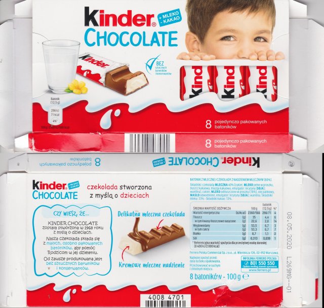 Kinder Chocolate prostokat oczy mleko kakao 71kcal bez 8 batonikow