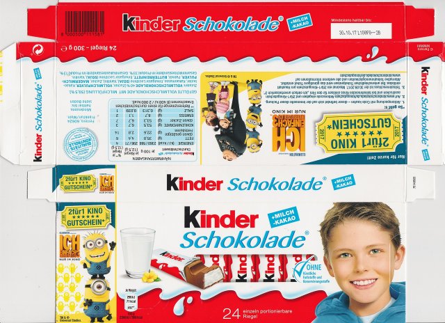 Kinder Schokolade prostokat niebieska 71kcal ohne 2fur1 kino gutschein