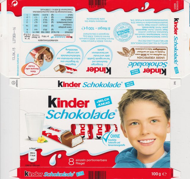 Kinder Schokolade prostokat niebieska milch kakao 71kcal ohne kunstliche