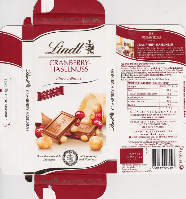 Lindt male pion 1 Cranberry-Haselnuss