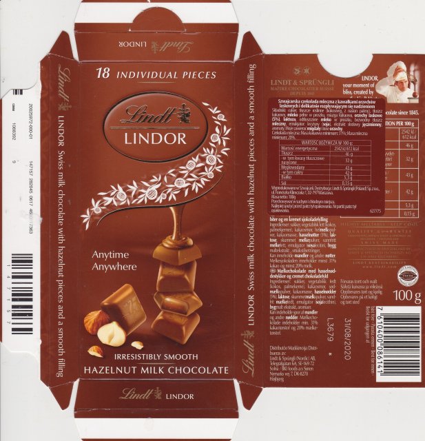 Lindt male pion 2 lindor 2 anytime anywhere hazelnut milk chocolate
