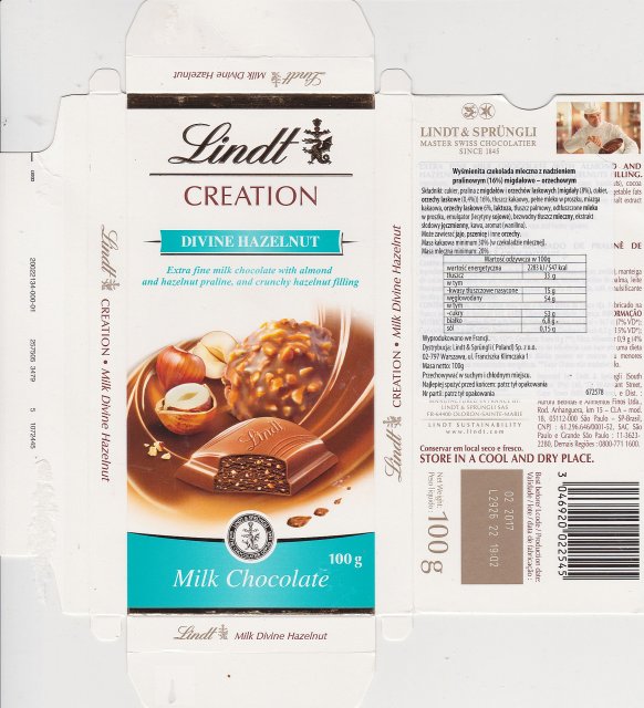 Lindt male pion creation divine hazelnut milk chocolate