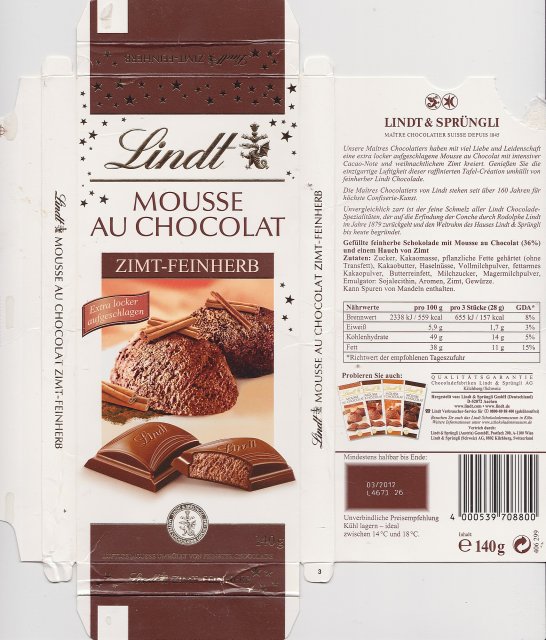 Lindt srednie Mousse au Chocolat Zimt Feinherb