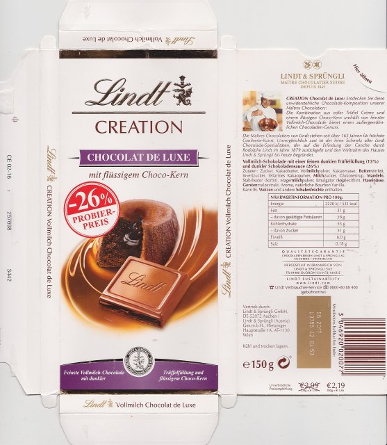 Lindt srednie creation 2 chocolat de luxe mit flussigem choco kern