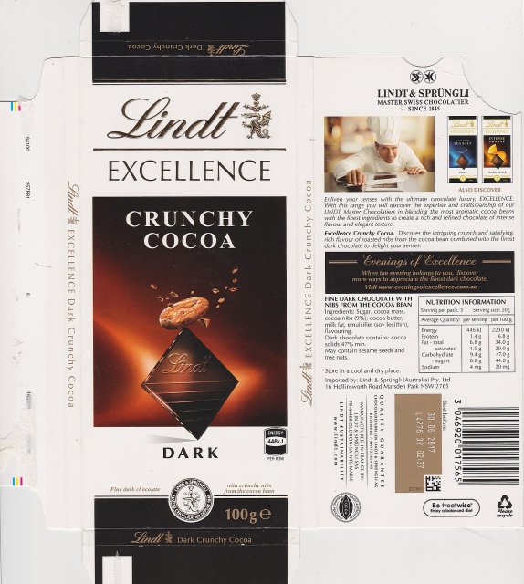 Lindt srednie excellence 1 crunchy cocoa dark 446kJ