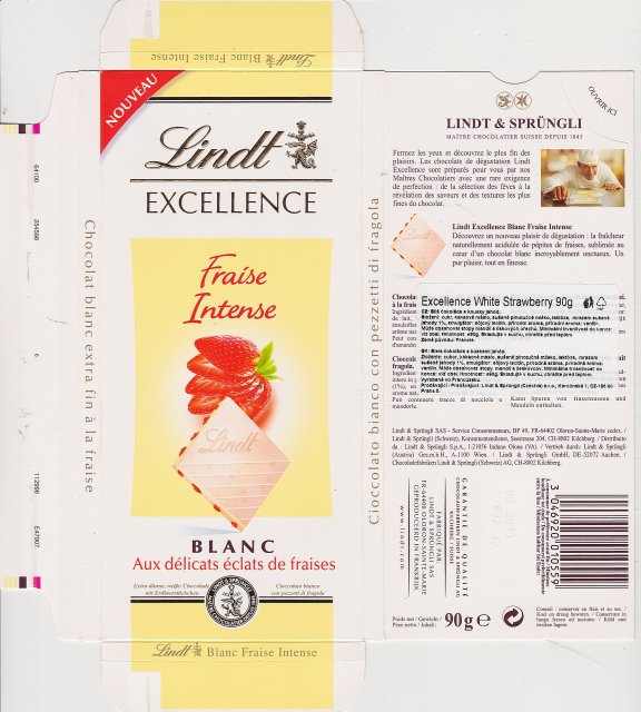 Lindt srednie excellence 2 fraise intesne blanc aux delicats eclats de fraises nouveau