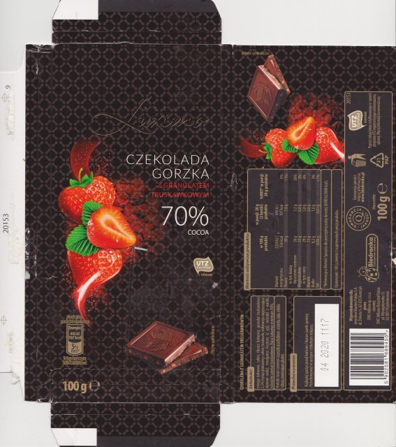 Luxima Premium 4 gorzka z granulatem truskawkowym 70 cocoa 107kcal utz