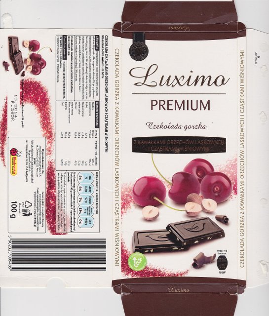 Luxima premium 2 gorzka z kawalkami orzechow laskowych i czastkami wisniowymi