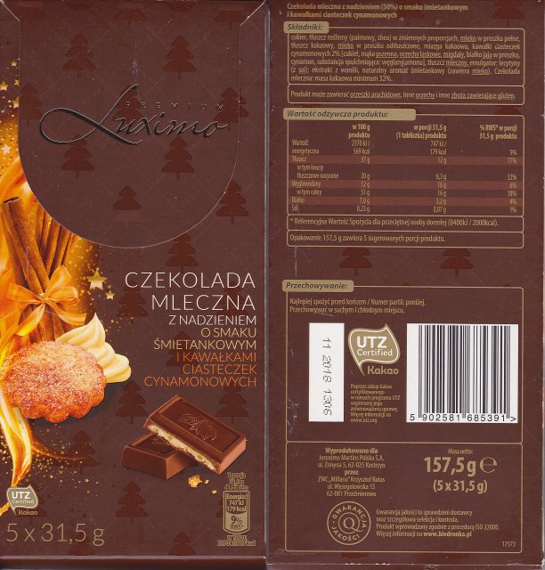 Luxima premium 7 mleczna z nadzieniem o smaku smietankowym i kawalkami ciasteczek cynamonowych