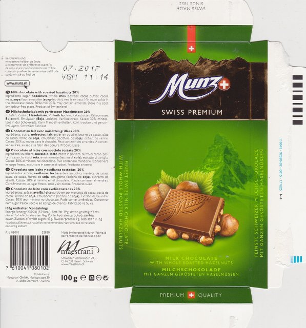 Maestrani Munz 2 swiss premium milk chocolate with whole roasted hazelnuts