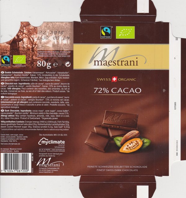 Maestrani swiss organic 72% cacao