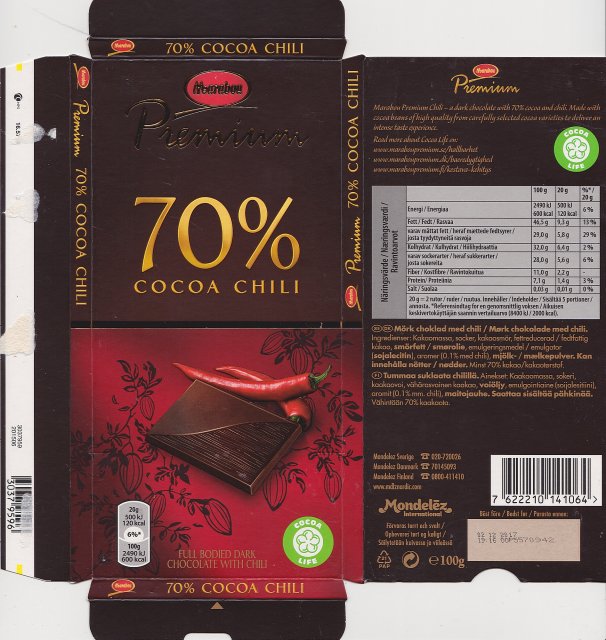 Marabou Premium 4 70% cocoa chili 120kcal cocoa life