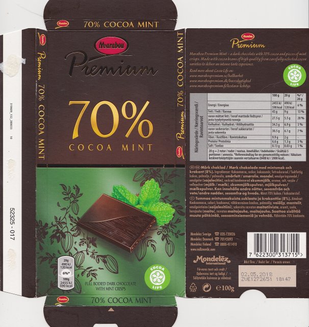 Marabou Premium 4 70% cocoa mint 120kcal cocoa life