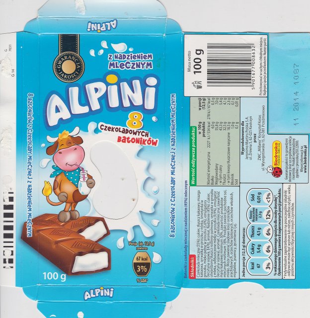 Millano Alpini 8 czekoladowych batonikow z nadzieniem mlecznym